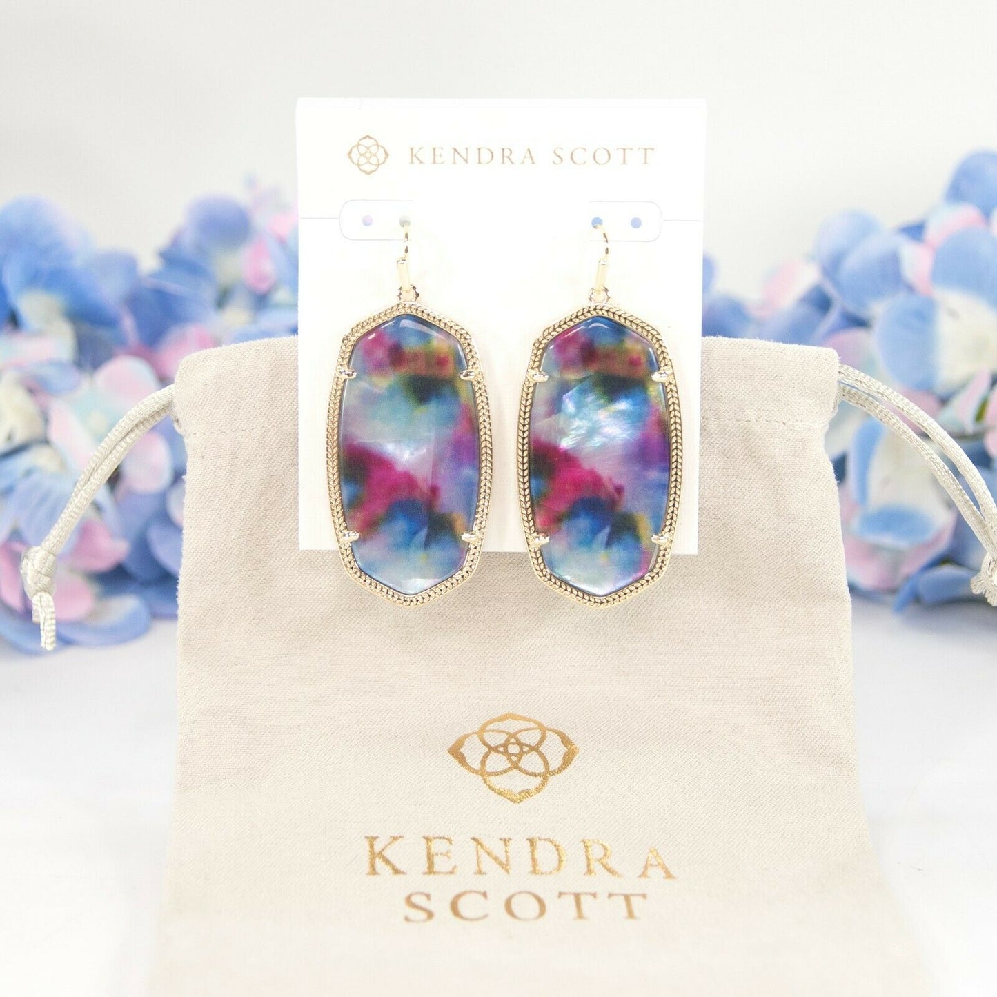 Kendra Scott Danielle Gold Teal Tie Dye Glass Large Statement Earrings NWT