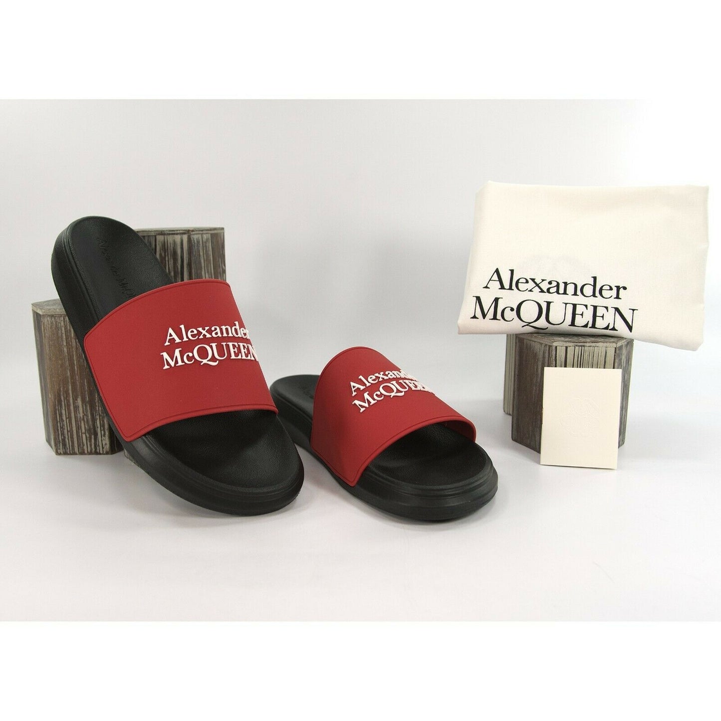 Alexander McQueen Mens Lust Red Black Debossed Logo Rubber Pool Slides 45 12 NIB