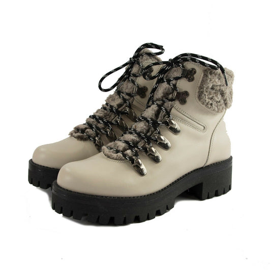 Maiden Lane Ivory Leather Marbut Faux Fur Lace Up Lug Sole Hiking Ankle Boots 39