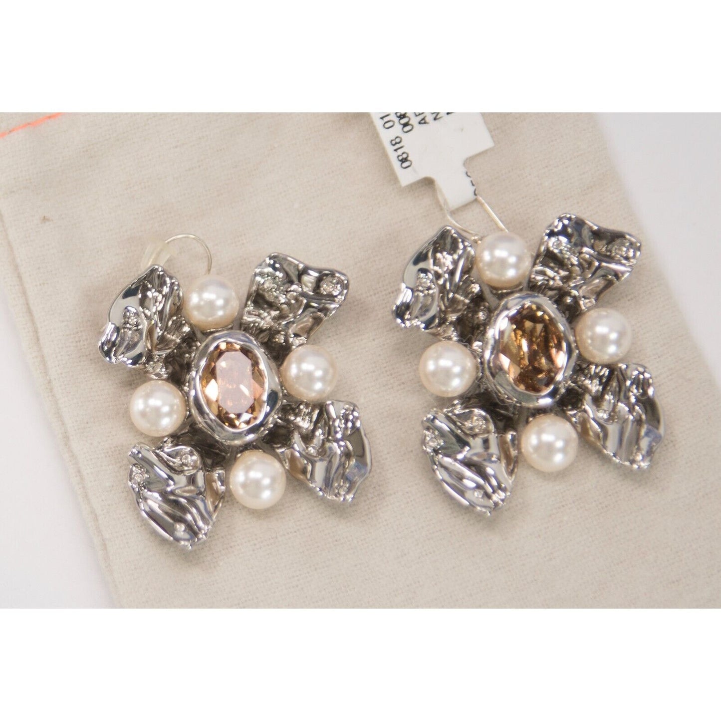 Alexis Bittar Byzantine Flower Crystal Faux Pearl Rhodium LARGE Earrings NWT