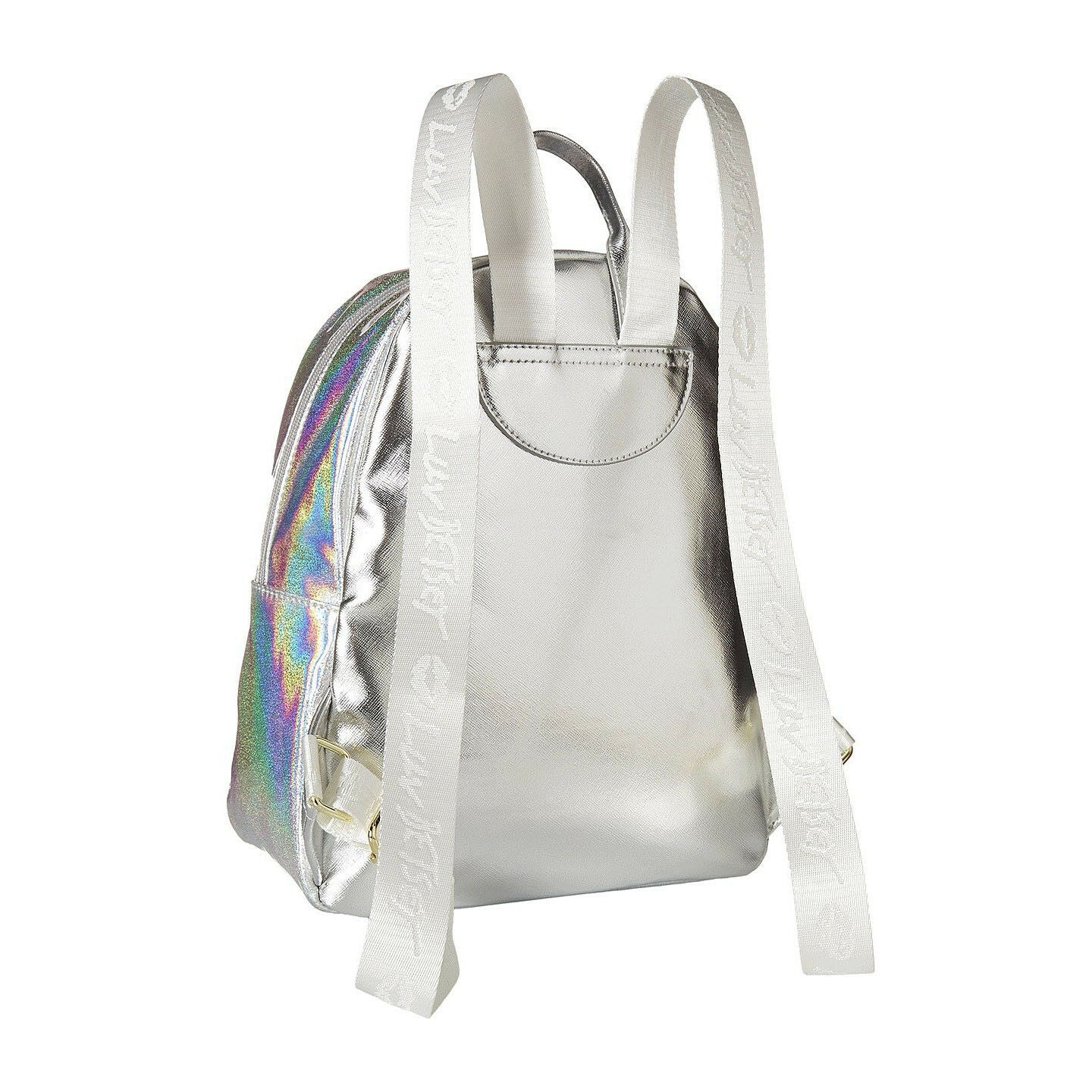 Betsey Johnson Mariss Rainbow Heart Iridescent Silver Metallic Backpack NWT