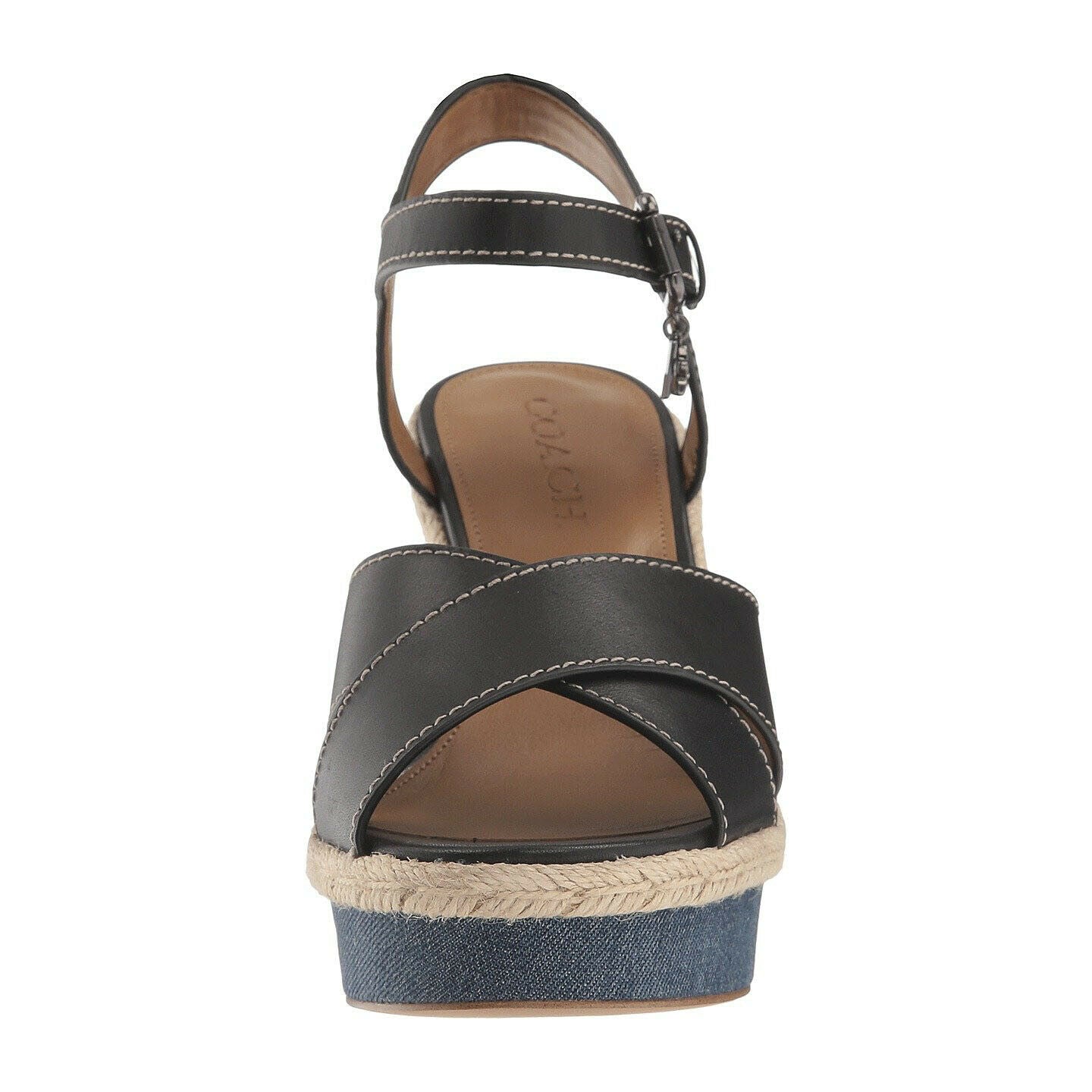 Coach Eaton Black Leather Denim Wedge Sandals Size 9.5 NIB G2232