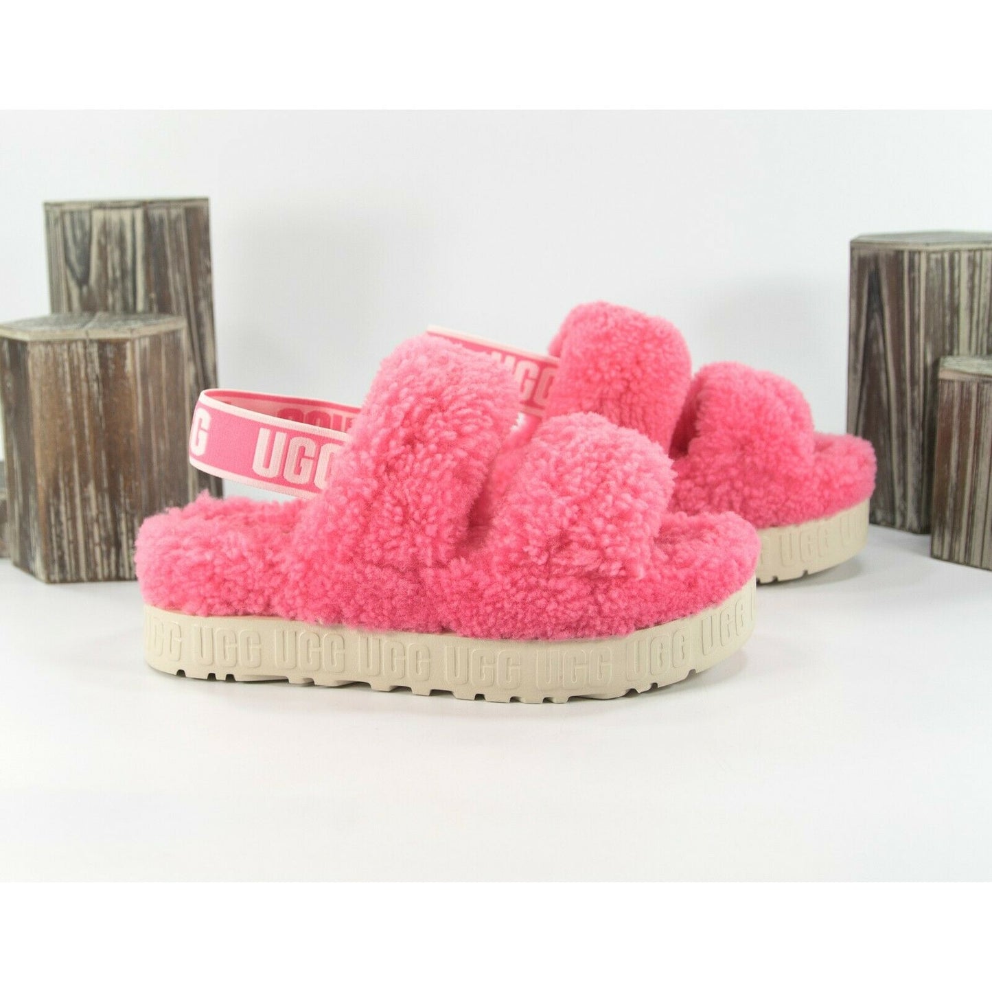 UGG Fluffita Oh Yea Pink Rose Sheepskin Fur Slippers Slides Sandals Sz 6 NIB