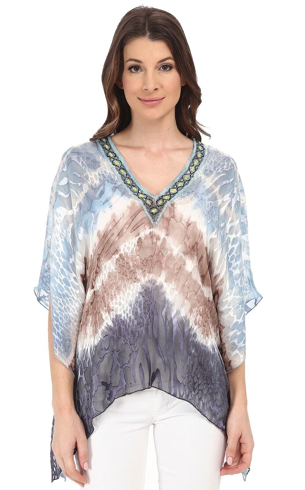 Hale Bob Blue Taupe Silk Burnout Dip Dye Beaded Dolman Top Shirt Blouse Sz S NWT