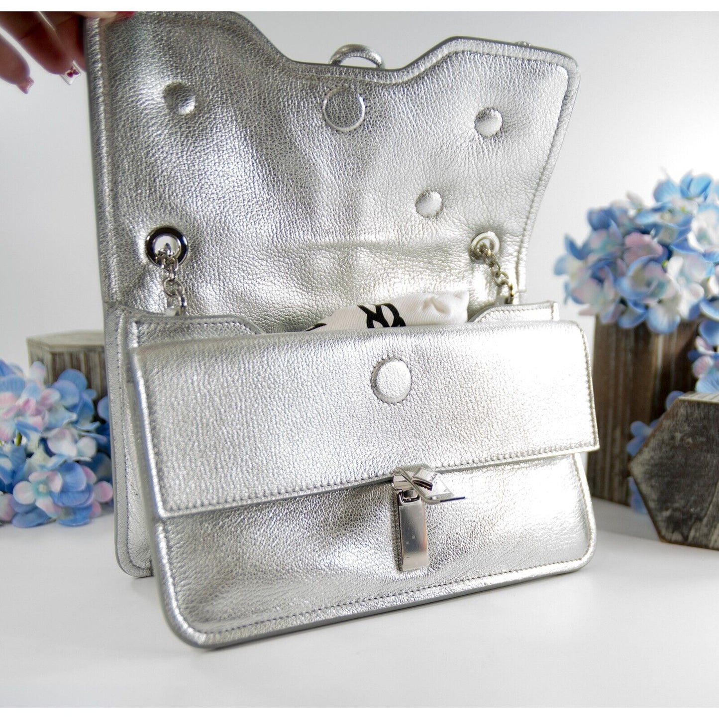 MCM Silver Leather Run Candy Small Crystal Flower Small Flap Shoulder Bag NWT