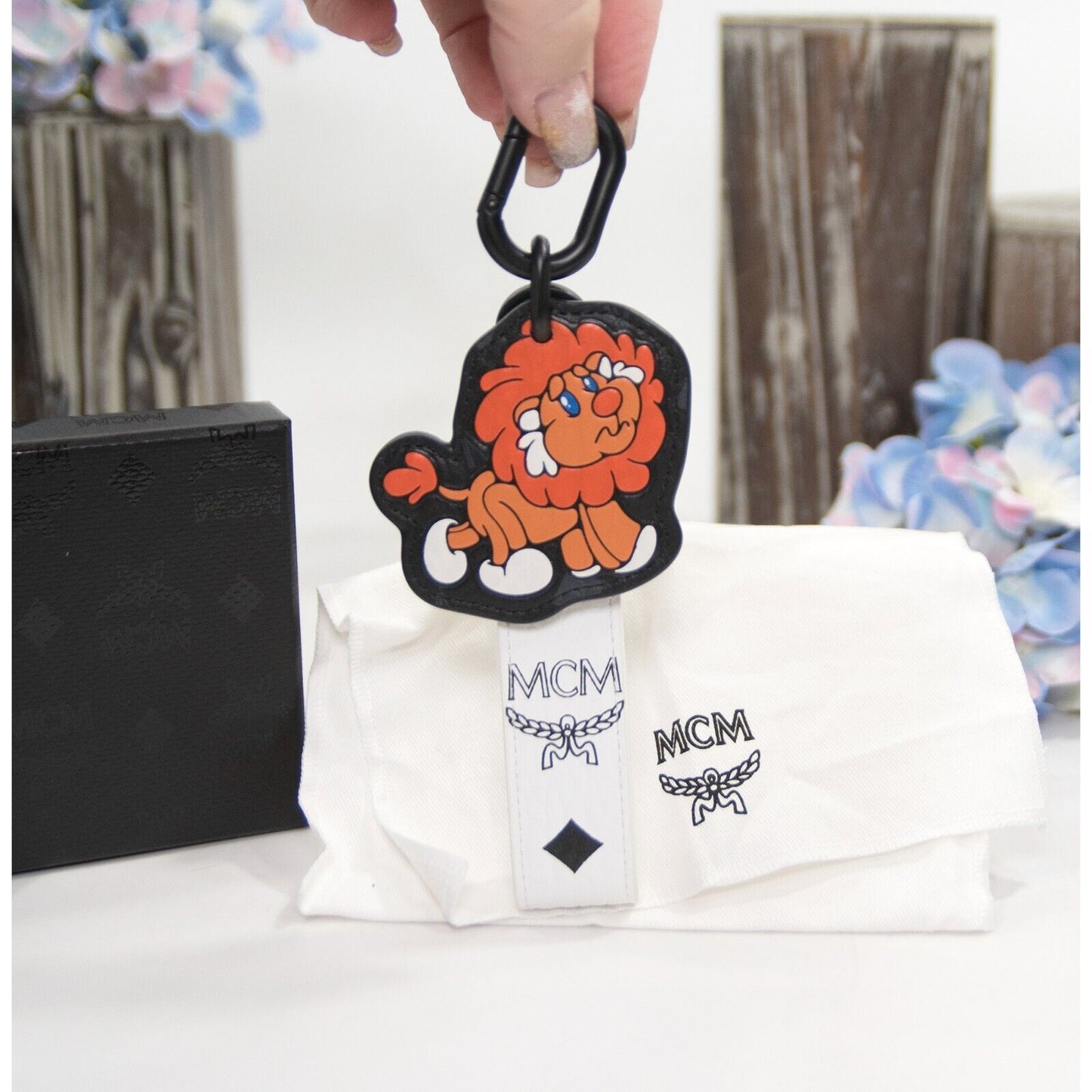 MCM x SAMBYPEN Henry Timid Lion Logo Leather Large Bag Charm Keychain NWT