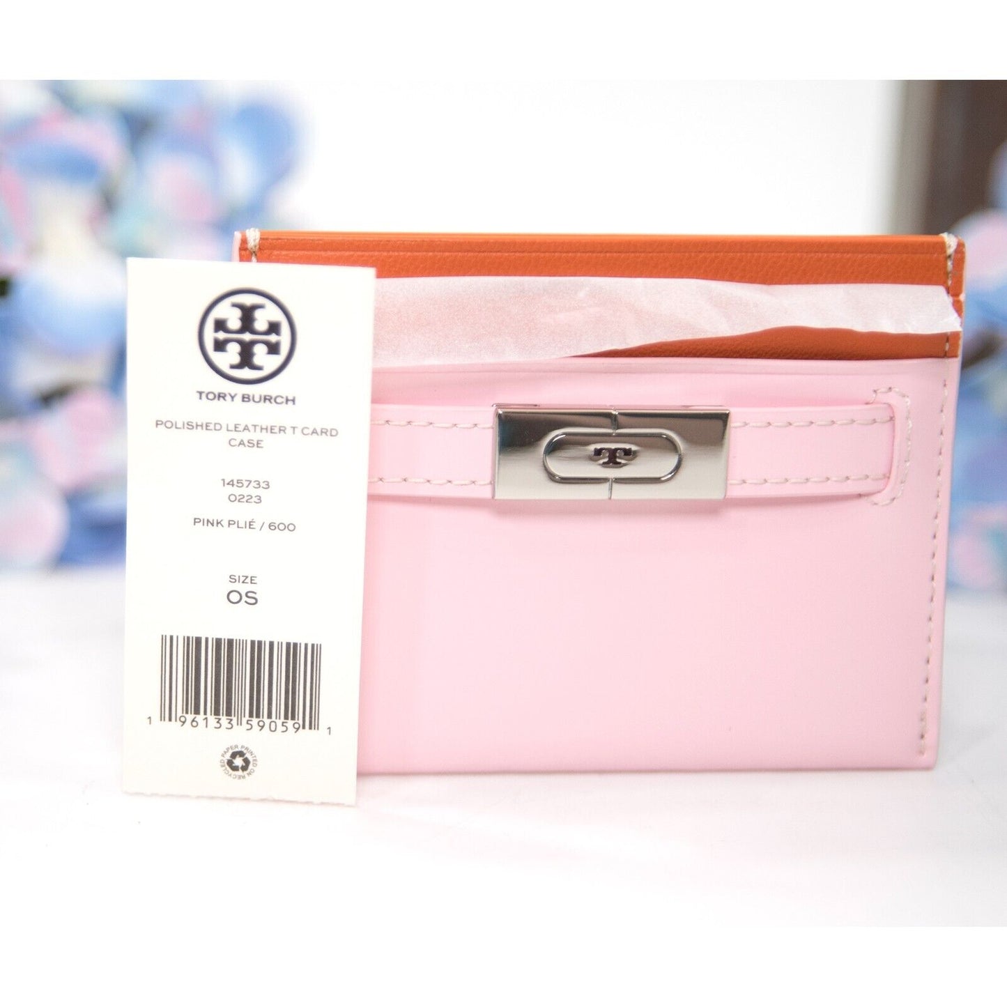 Tory Burch Pink Plie Polished Leather Colorblock Logo Card Case Mini Wallet NWT