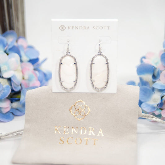 Kendra Scott Elle Ivory Mother of Pearl Rhodium Plated Statement Earrings NWT