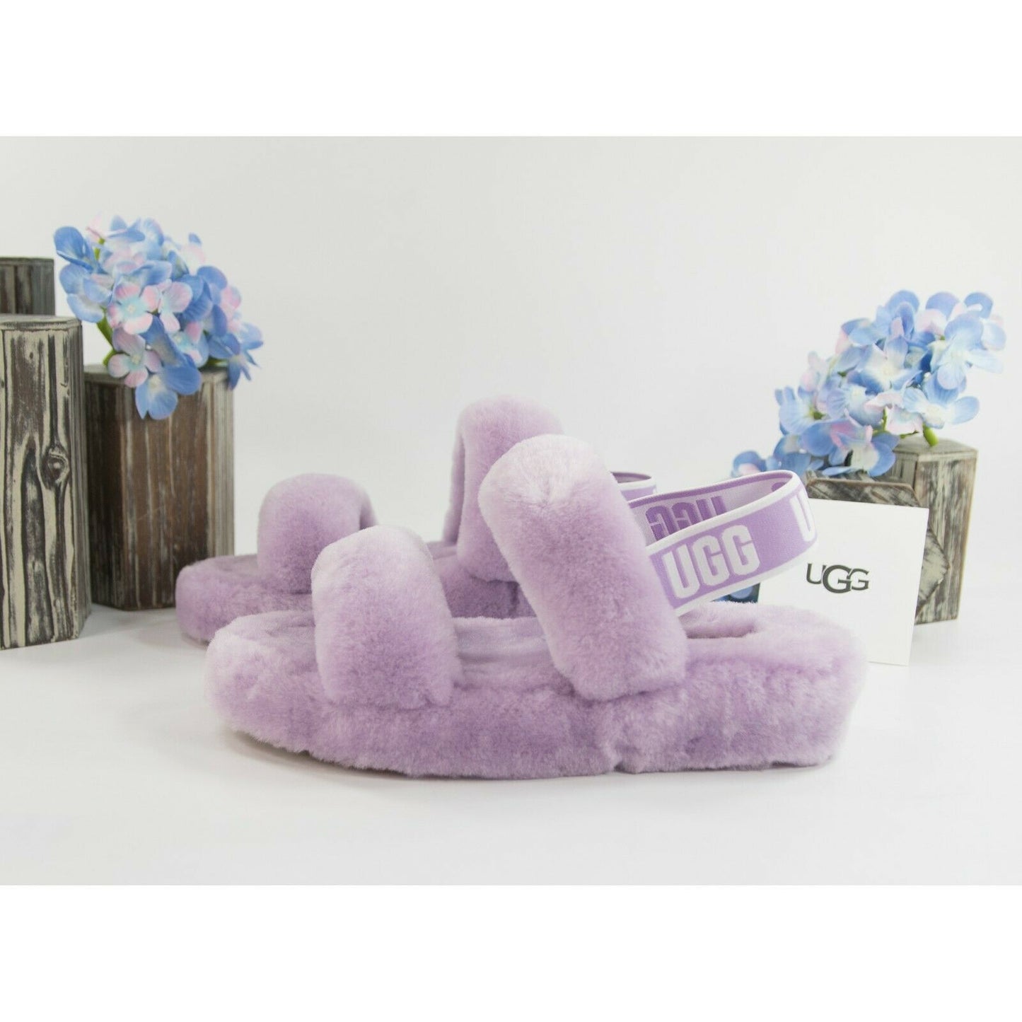 UGG Fluff Oh Yea Lilac Purple Sheepskin Fur Slippers Slides Sandals Sz 7 NIB