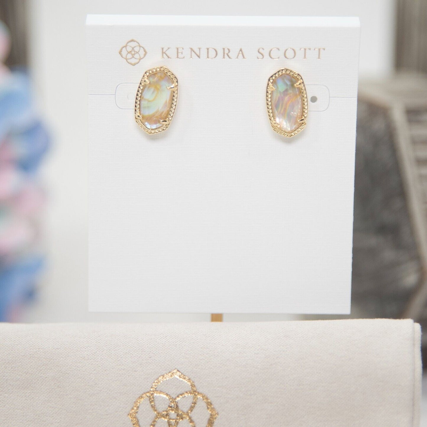 Kendra Scott Ellie White Abalone Gold Statement Stud Earrings NWT