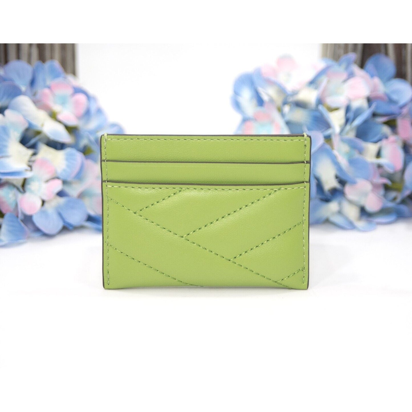 Tory Burch Wild Leaves Green Leather Kira Quilted Logo Card Case Mini Wallet NWT