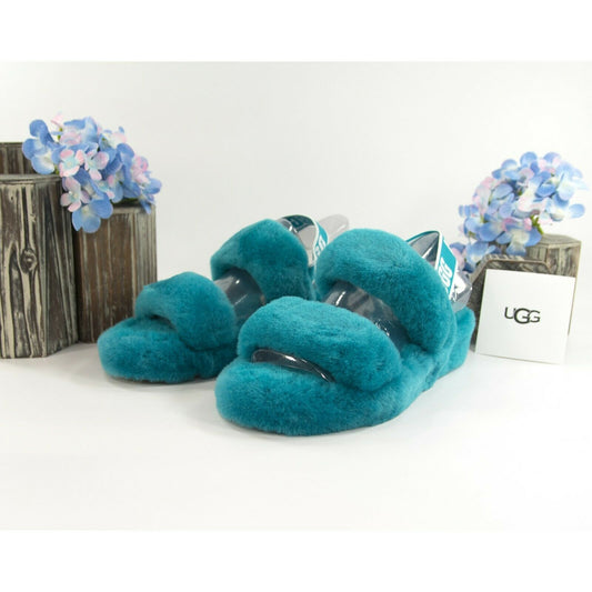UGG Fluff Oh Yea Aqua Blue Sheepskin Fur Slippers Slides Sandals Sz 7 NIB