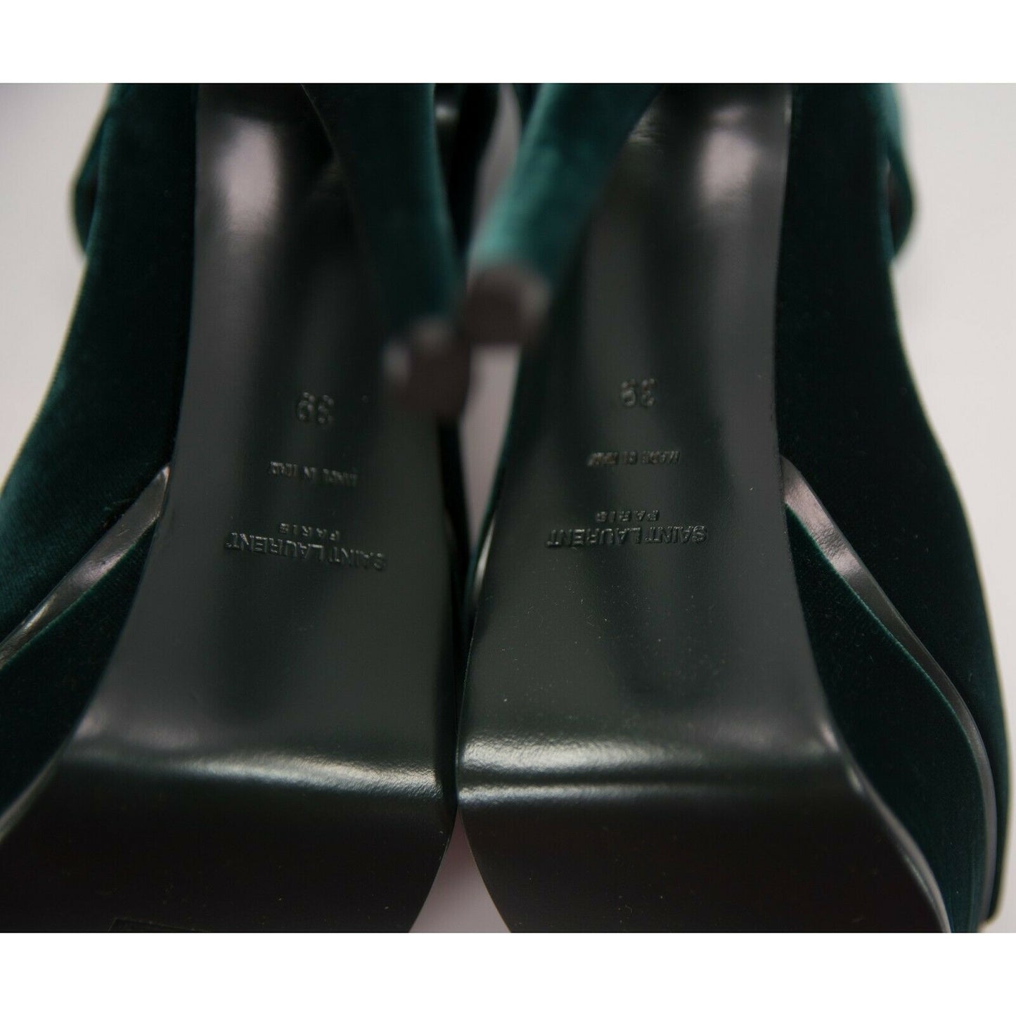 Saint Laurent Green Velvet Ankle Wrap Leather Strappy Platform Pumps 39 NIB