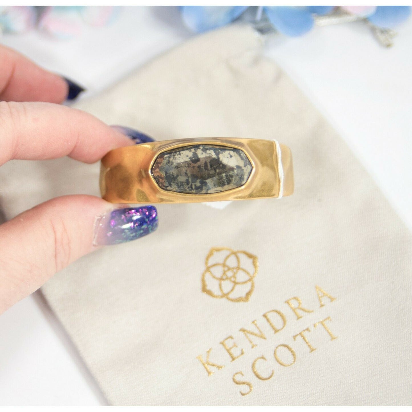 Kendra Scott Vintage Gold Pyrite Large Statement Bangle Cuff Bracelet NWT