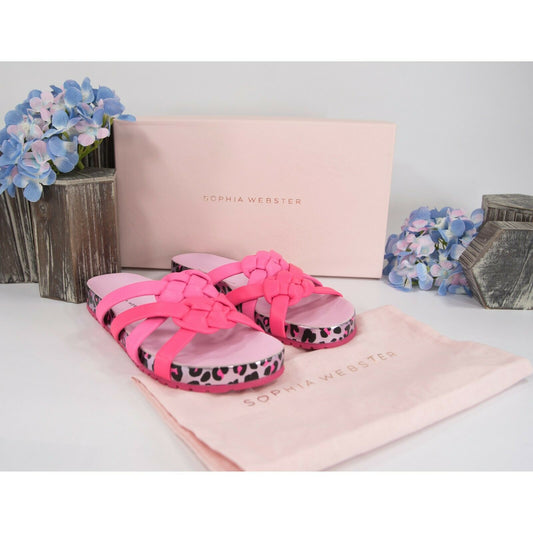 Sophia Webster Neon Pink Metallic Leopard Ramona Knotted Slides Sz 38 NIB
