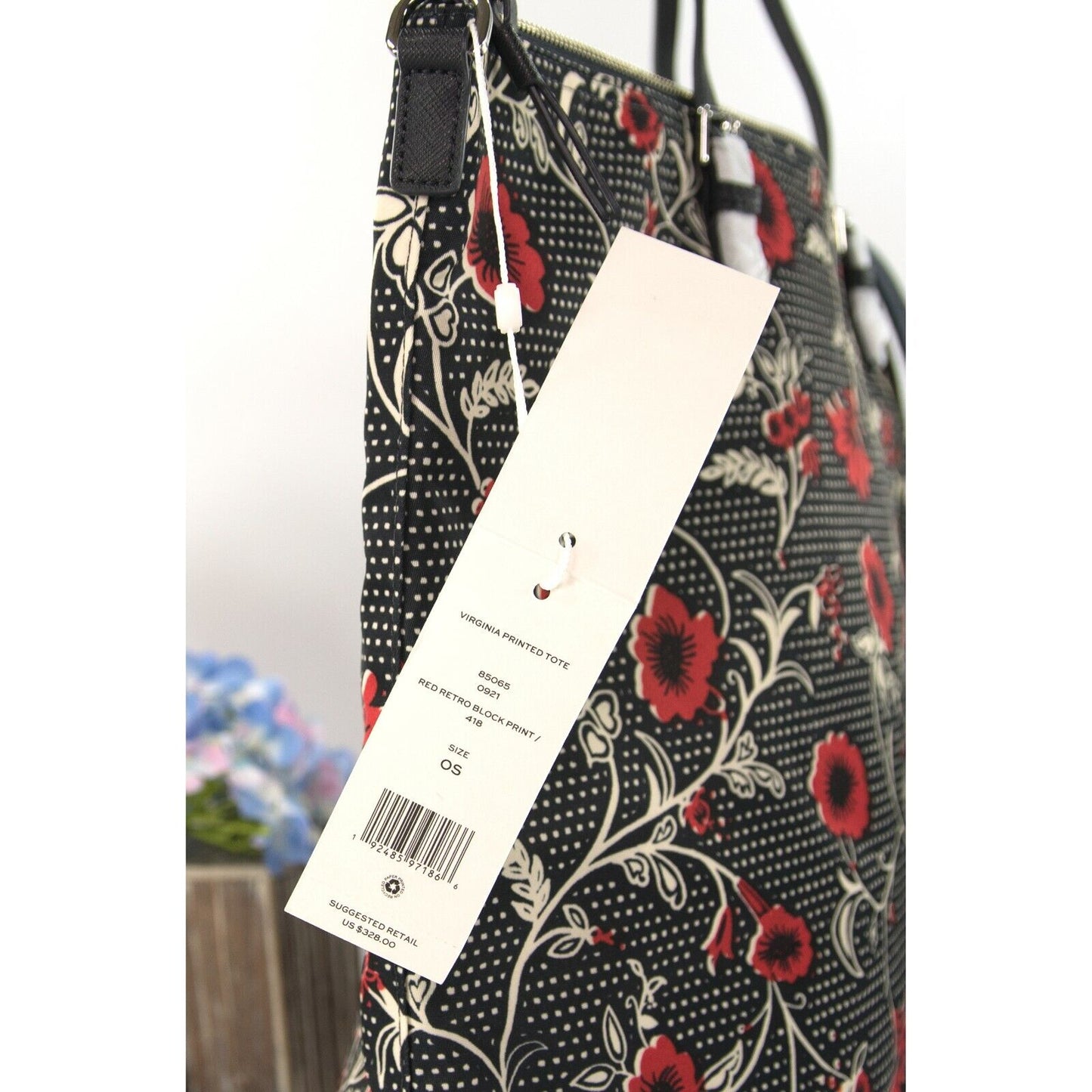 Tory Burch Virginia Red Retro Floral Block Print Nylon Leather Zip Tote Bag NWT