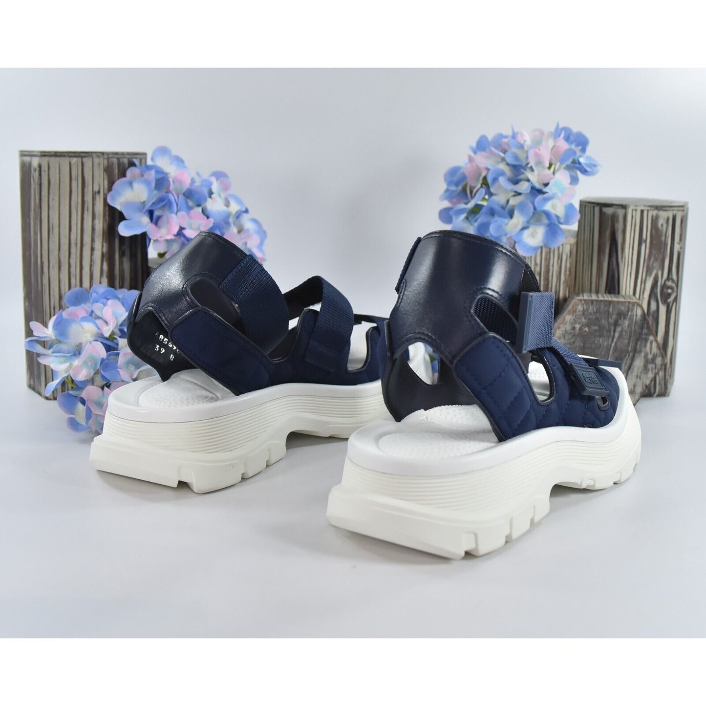 Alexander McQueen Navy White Hybrid Tech Leather Neoprene Sandals 39 NIB