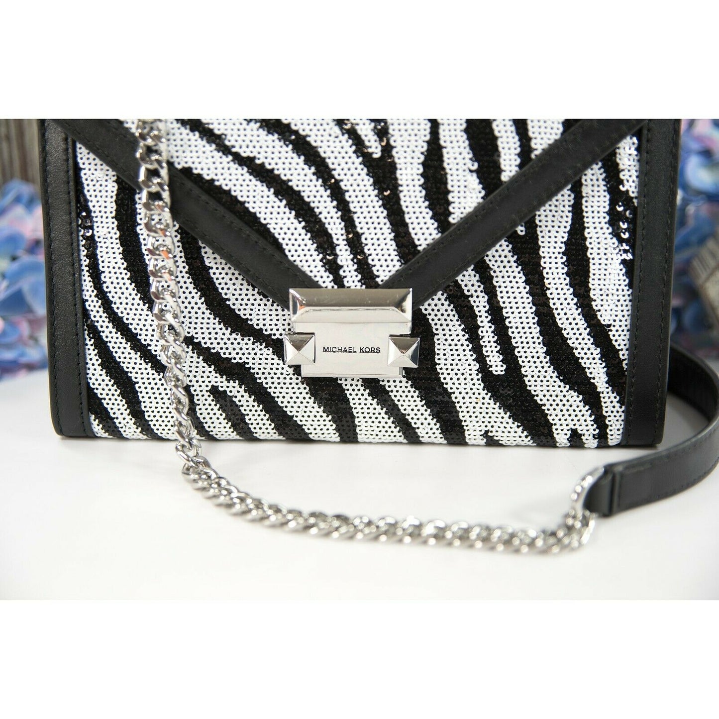 Michael Kors Whitney Zebra Sequin Black Leather Large Crossbody NWT DEFECT!