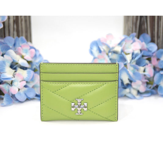 Tory Burch Wild Leaves Green Leather Kira Quilted Logo Card Case Mini Wallet NWT