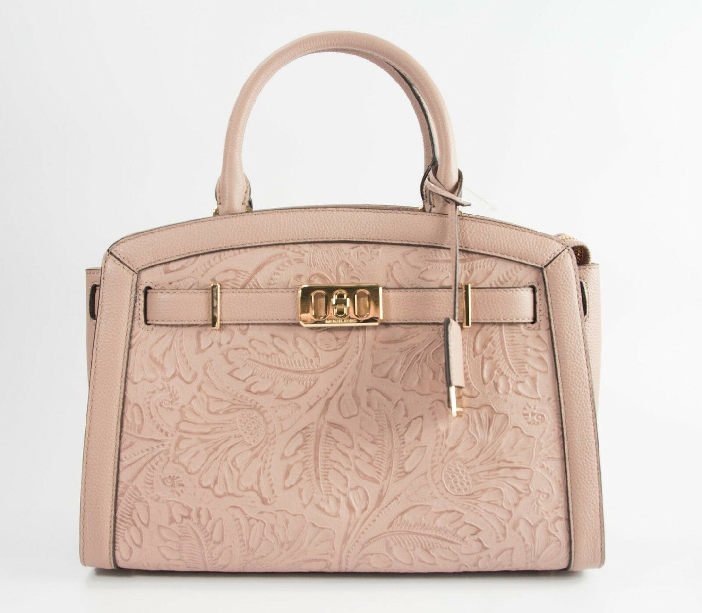 Michael Kors Karson Fawn Large Leather Pink Floral Tooled Satchel Bag NWT