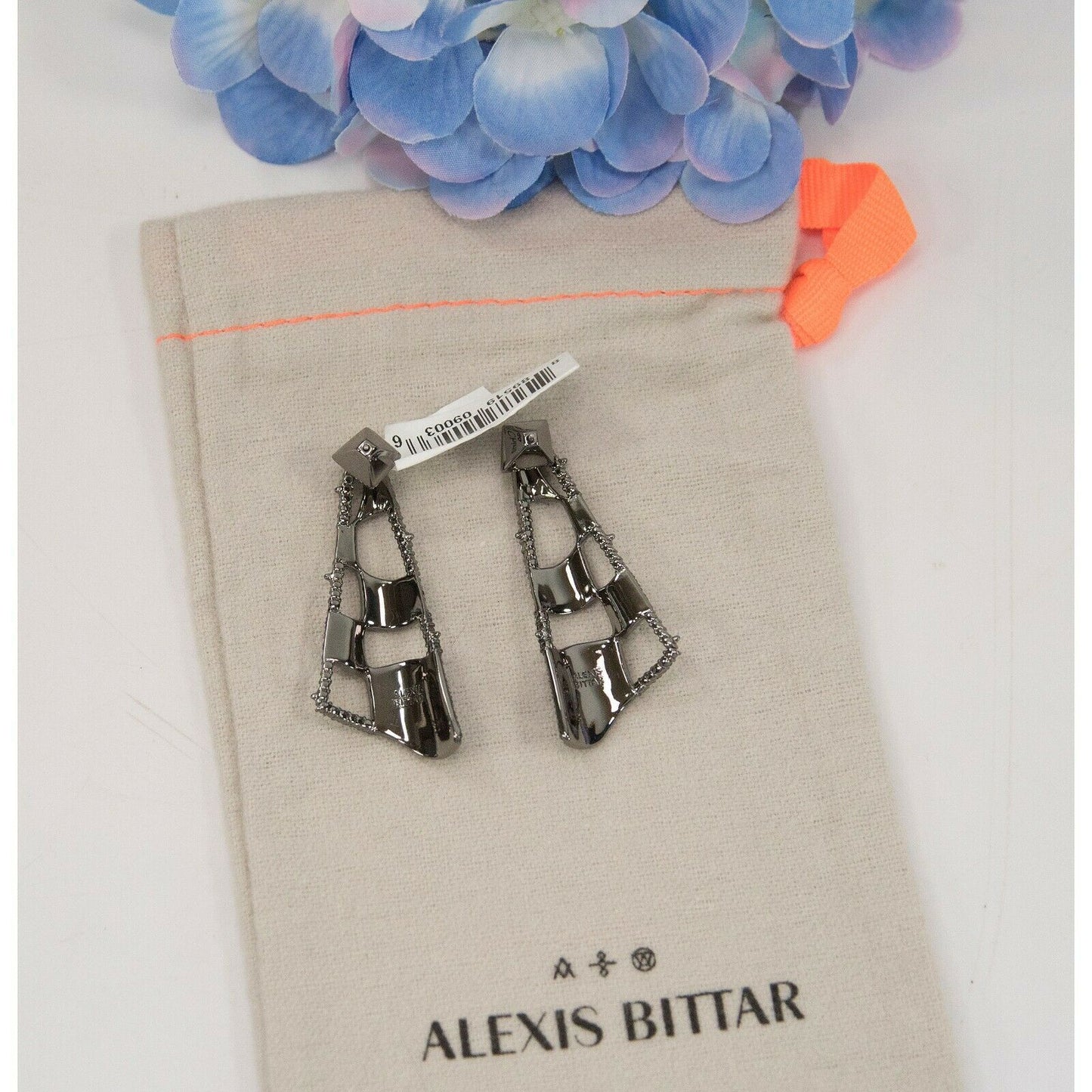 Alexis Bittar Crystal Modern Georgian Checkerboard Fan Gunmetal Earrings NWT