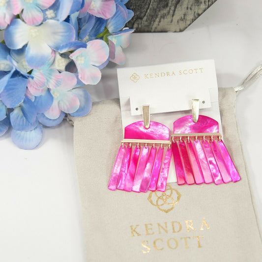 Kendra Scott Layne Magenta Mother of Pearl Gold Fringe Large Drop Earrings NWT