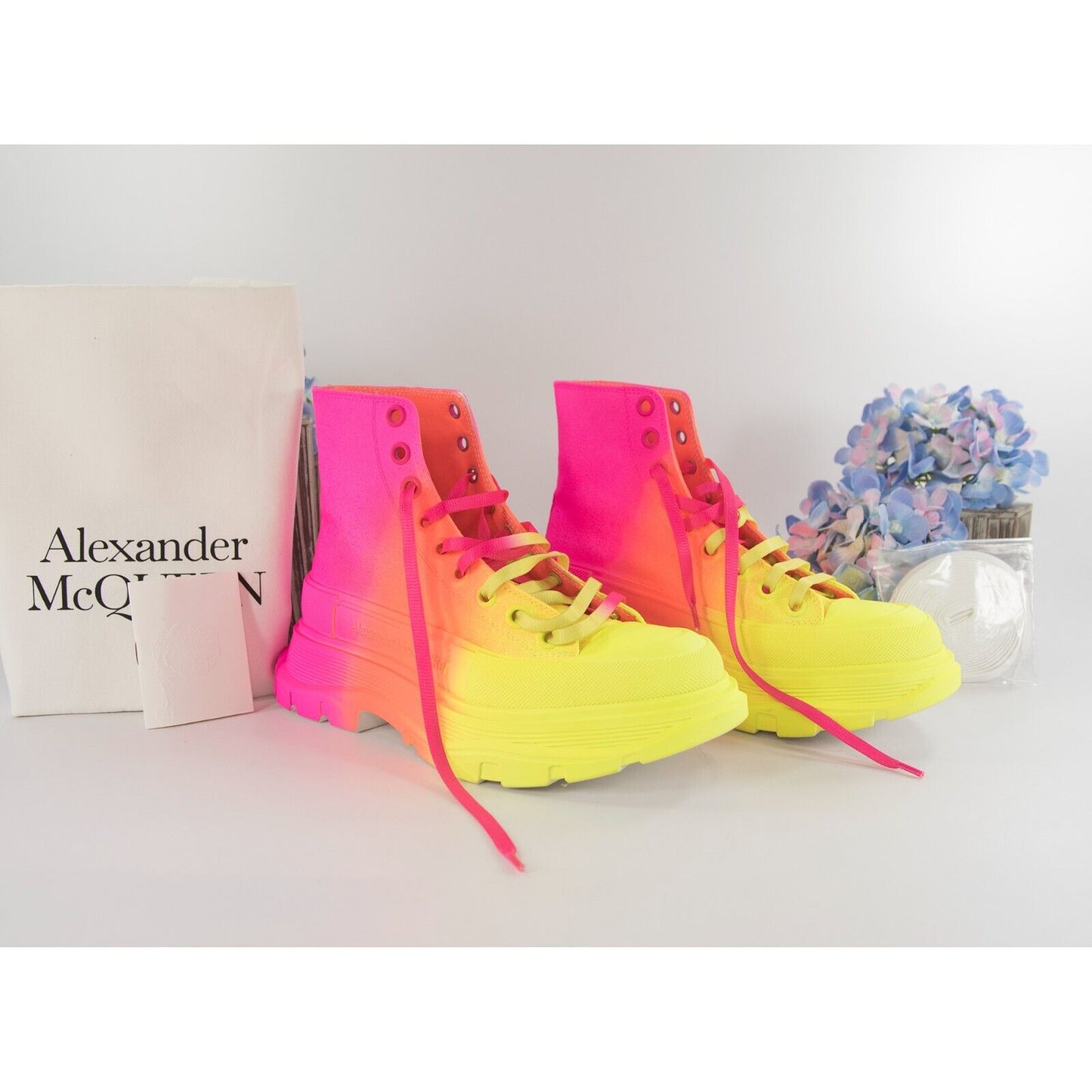 Alexander McQueen Lt Edition Tread Slick Neon Coated High Top Sneakers 37 NIB