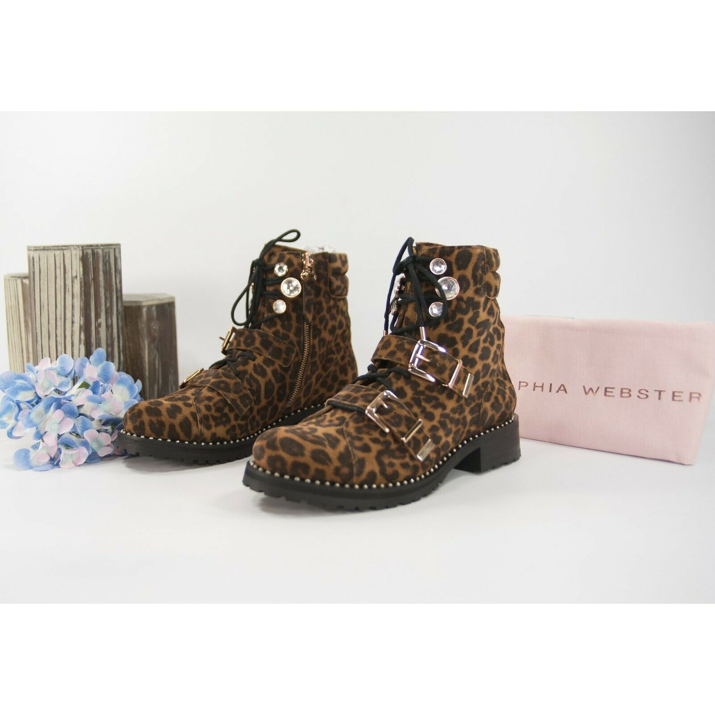 Sophia Webster Ziggy Leopard Suede Crystal Lug Sole Hiking Boots Size 37 NIB