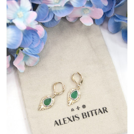 Alexis Bittar Feather Green Chalcedony Crystal Gold Drop Earrings NWT