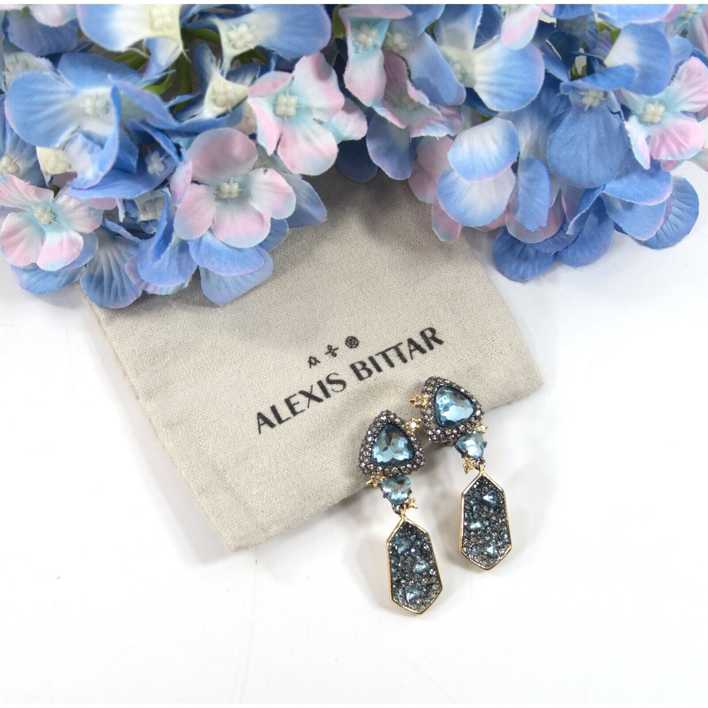 Alexis Bittar Blue Crystal Rhodium Plated Shield Drop CLIP ON Earrings NWT RARE!