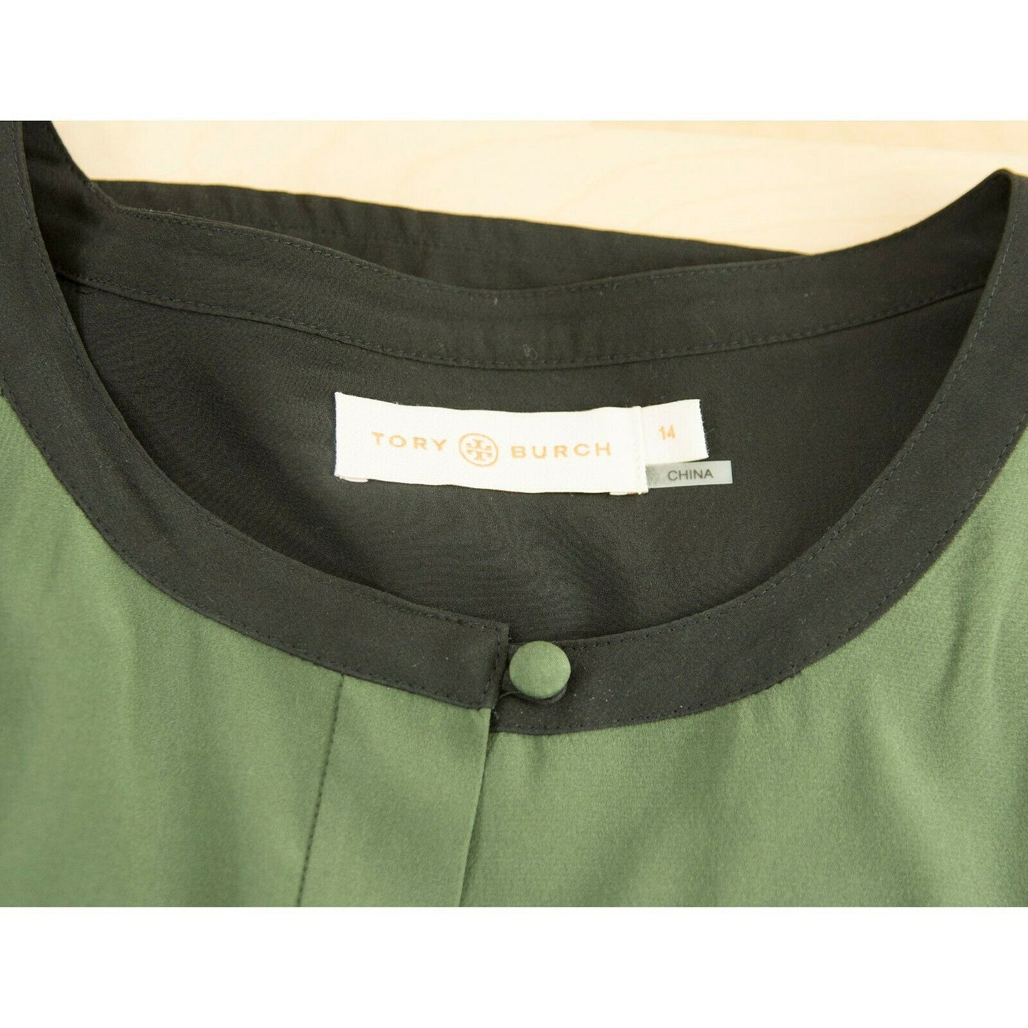 Tory Burch Green Black Colorblock Silk Button Down Blouse Top 14 NWOT