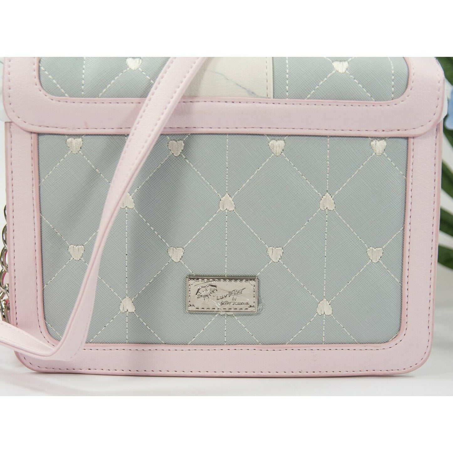 Betsey Johnson Vivian Pale Blue Heart Embroidered Marble Cat Crossbody NWT