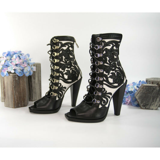 Balmain Black White Floral Tooled Leather Lace Up Bootie Boots Size 37 NIB