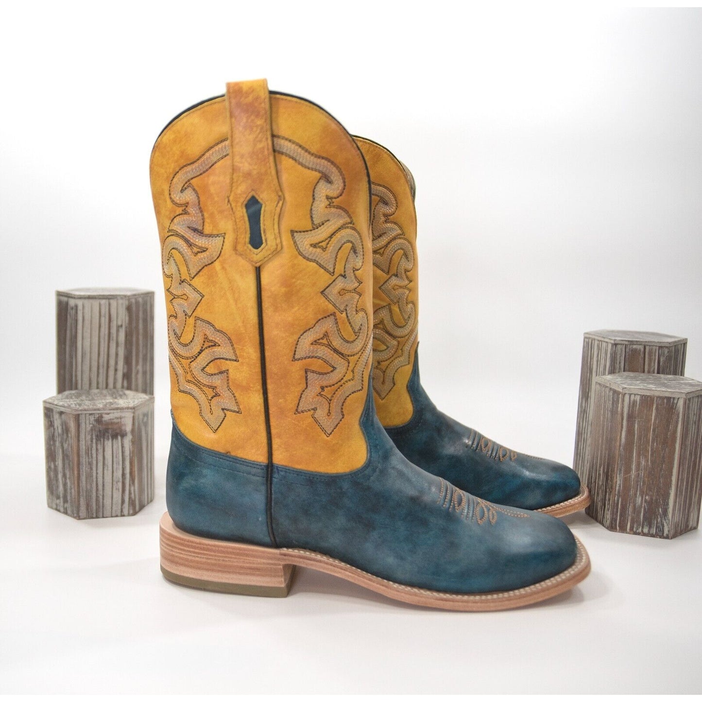 Corral A4381 Navy Blue Yellow Leather Embroidered Square Toe Boots Mens 8 NIB