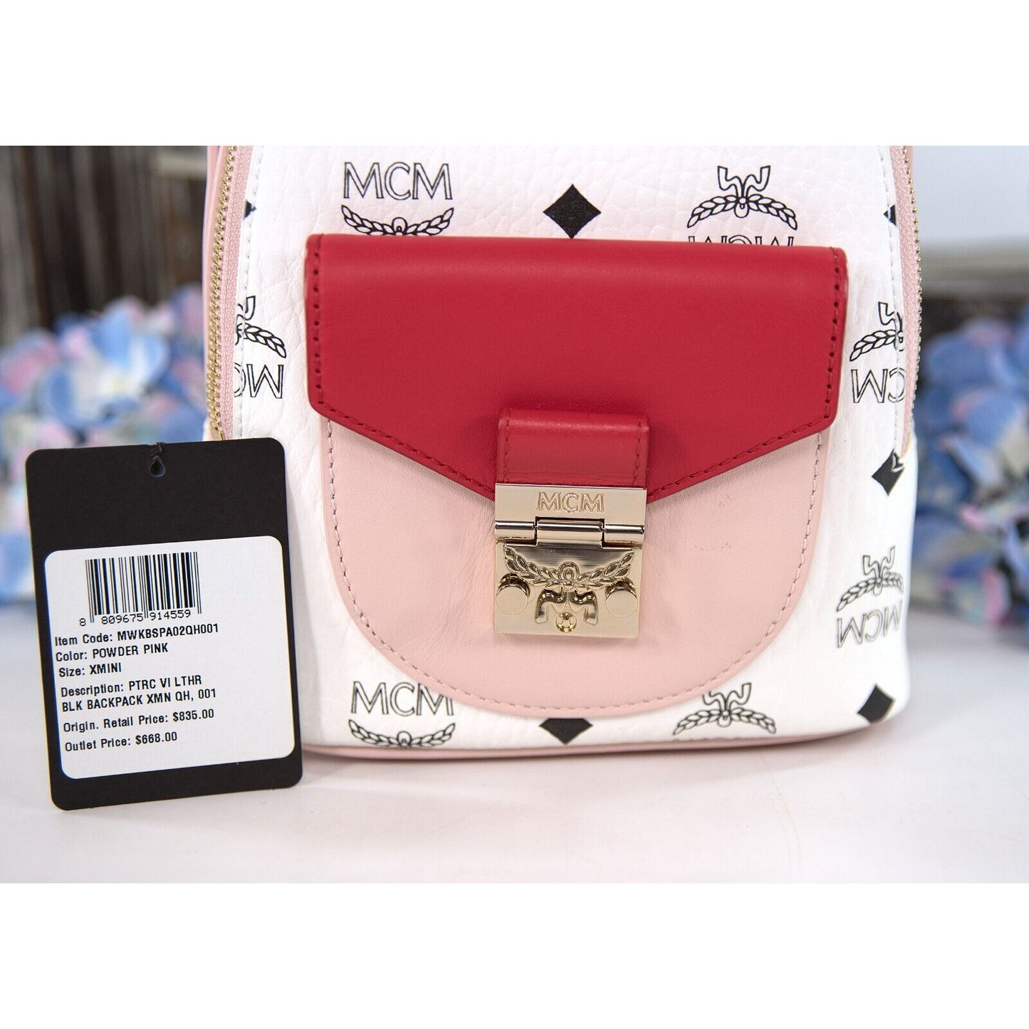 MCM Visetos Red Powder Pink Colorblock Monogram Mini Backpack Crossbody Bag NWT
