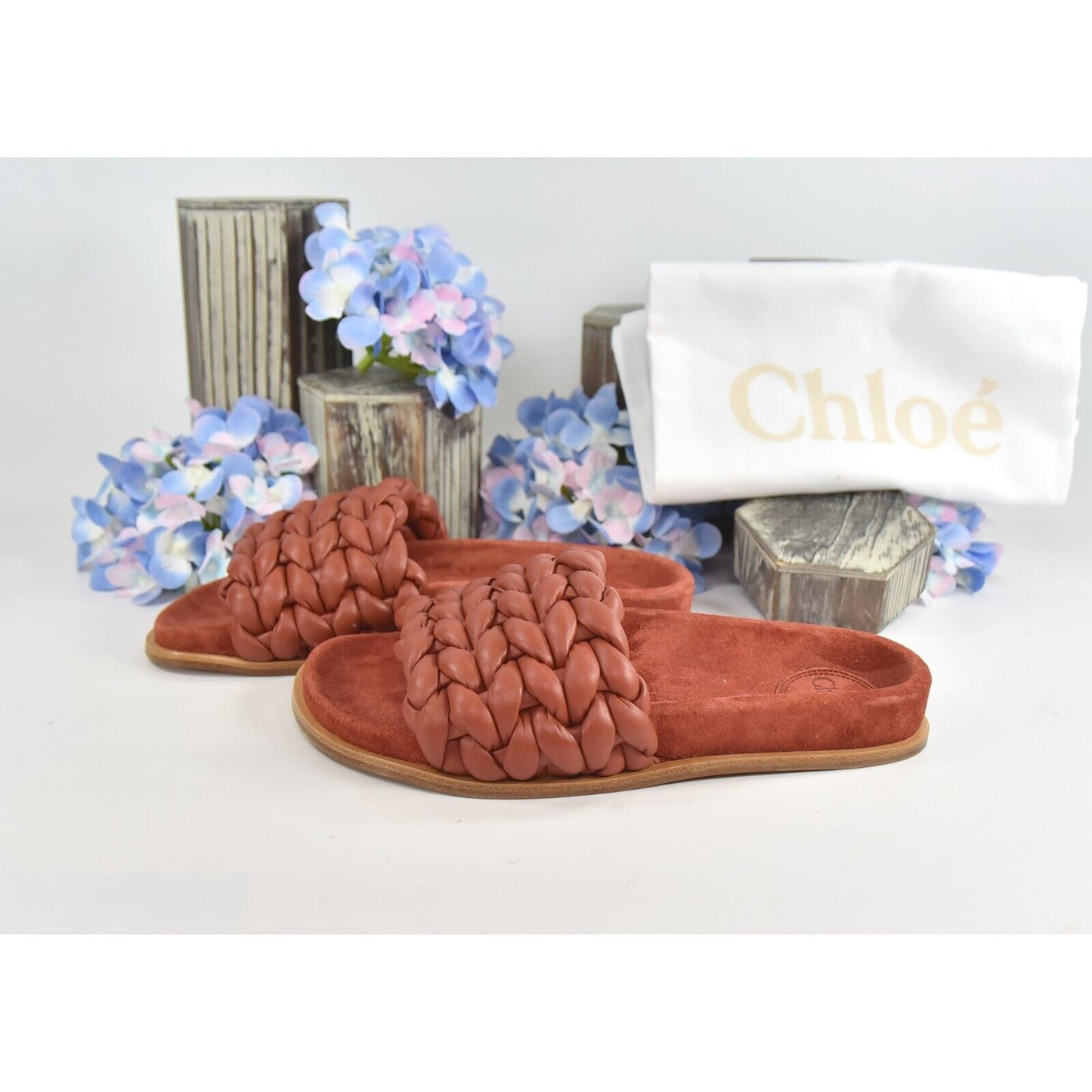 Chloe Terracotta Brown Leather Kacey Woven Flat Mules Slides Sz 37 NIB