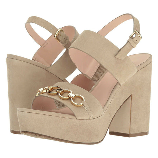 Kate Spade Rashida Beige Sand Kid Suede Chunky Ankle Strap Sandal Heels 9.5 NIB