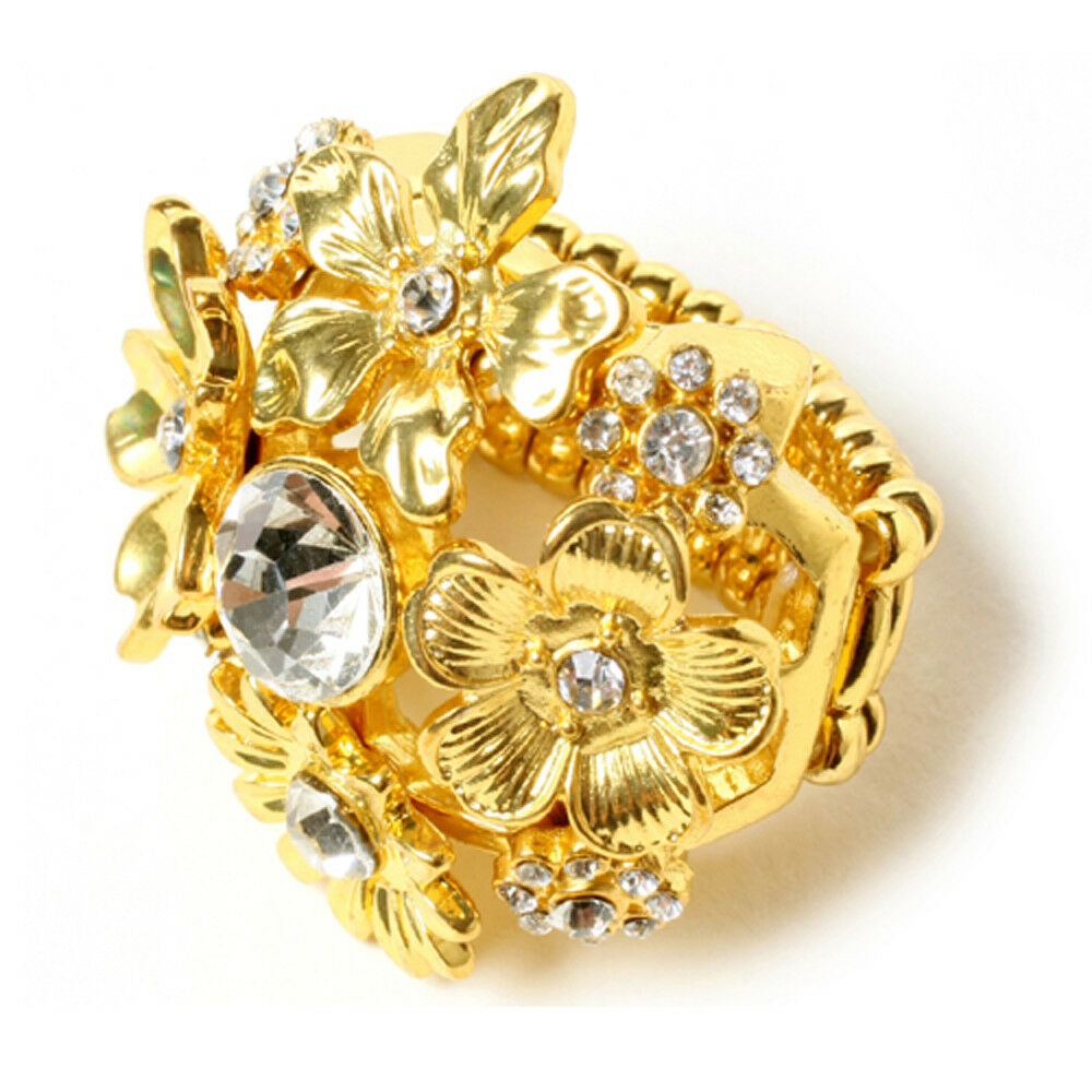 Amrita Singh Gold Crystal Flower Cluster Stretch Cocktail Ring RC 49 NWT