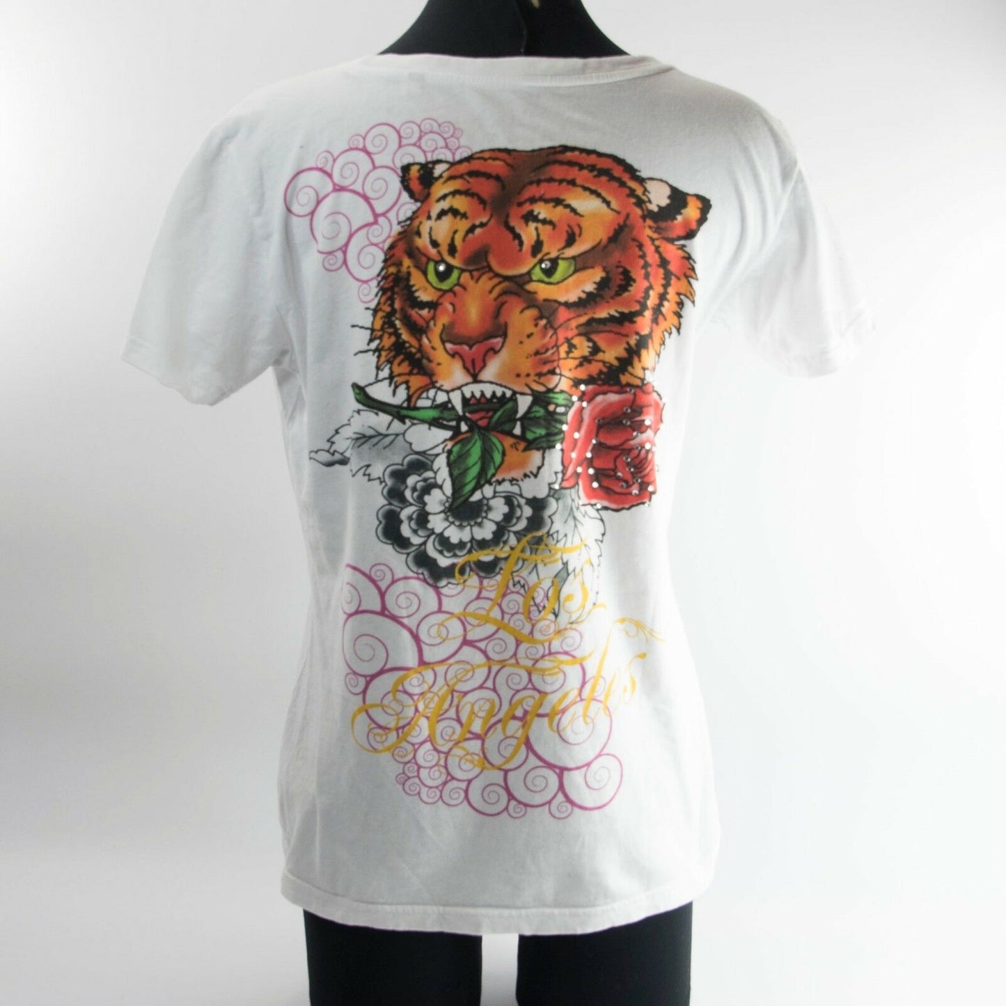 HallHuber White Crystal Tiger Floral Logo Graphic Slim Fit Babydoll T Shirt XL