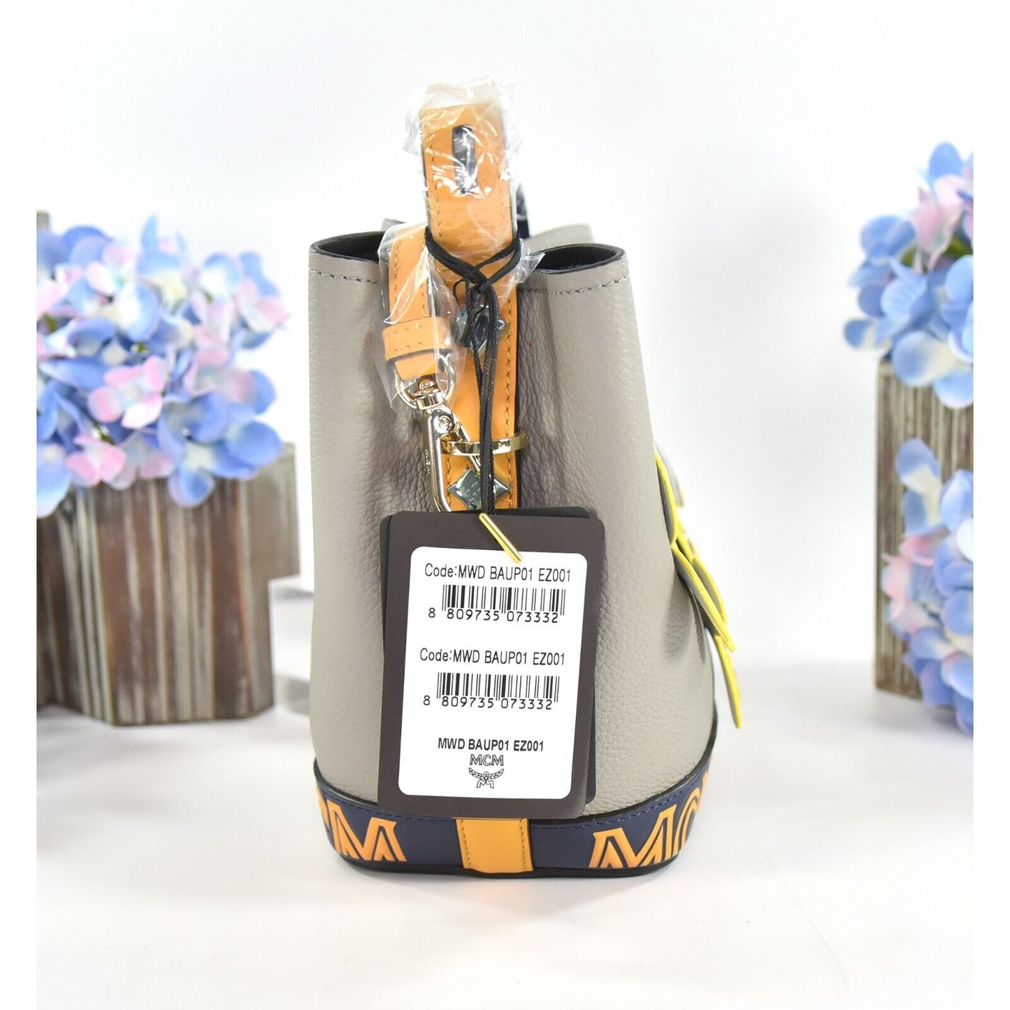MCM Yellow Grey Goatskin Mini Upcycling Project Flower Milano Drawstring Bag NWT