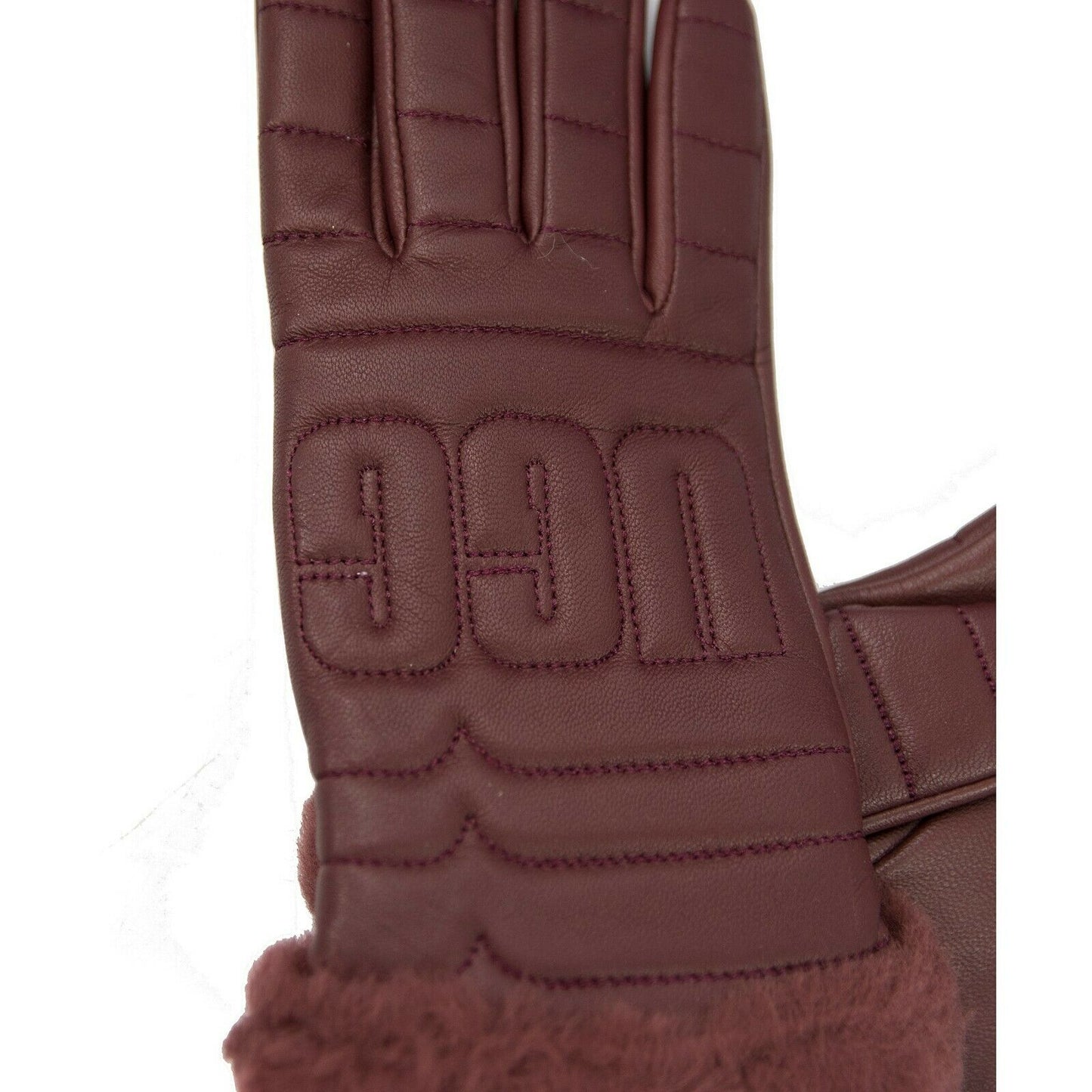 Ugg Burgundy Quilted Leather Conductive Tech Palm Shearling Fur Gloves Small