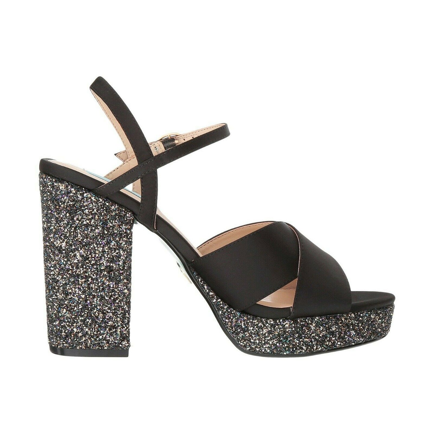 Betsey Johnson Ollie Black Satin Chunky Glitter Ankle Strap Platform Heels 6 NIB