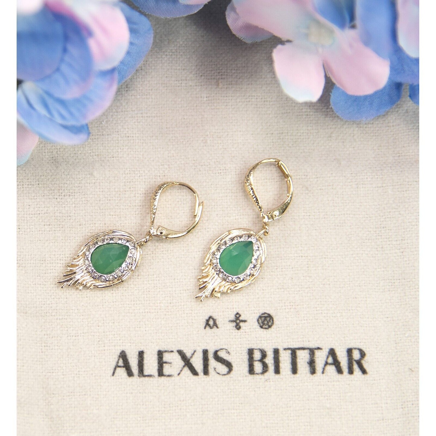 Alexis Bittar Feather Green Chalcedony Crystal Gold Drop Earrings NWT