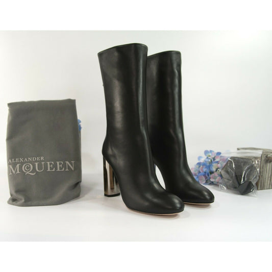 Alexander McQueen Black Leather 105MM Lux Duchess Bootie Boots Size 37