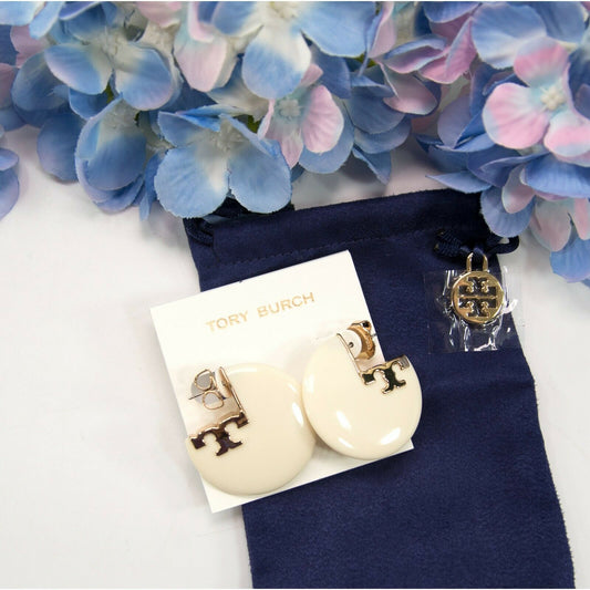 Tory Burch Applied Logo Ivory Resin Hoop Earrings 60303 NWT