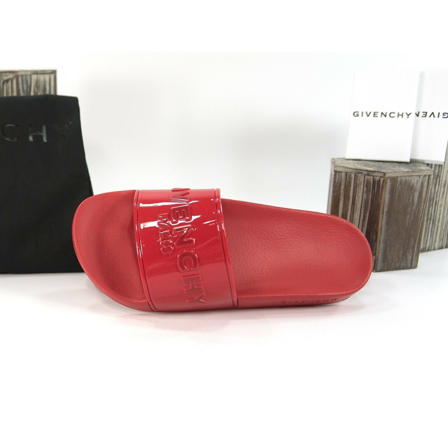 Givenchy Red Patent Debossed Logo Leather Rubber Pool Slides 38 NIB