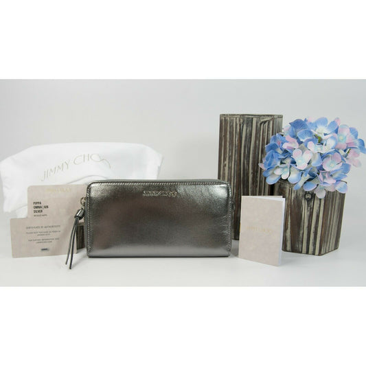 Jimmy Choo Gunmetal Metallic Leather Large Zip Around Continental Wallet NWT