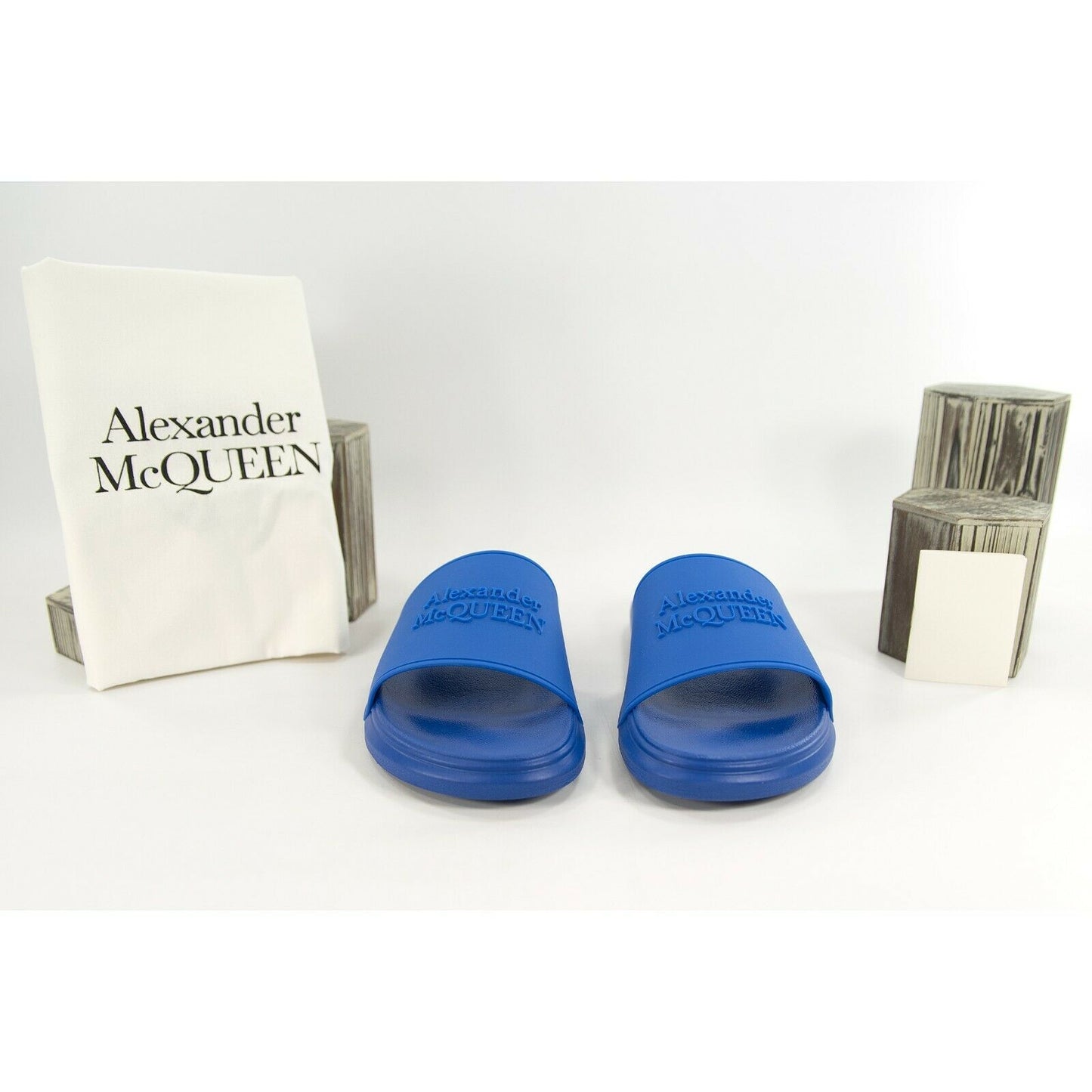 Alexander McQueen Blue Embossed Logo Leather Rubber Pool Slides 40.5 NIB