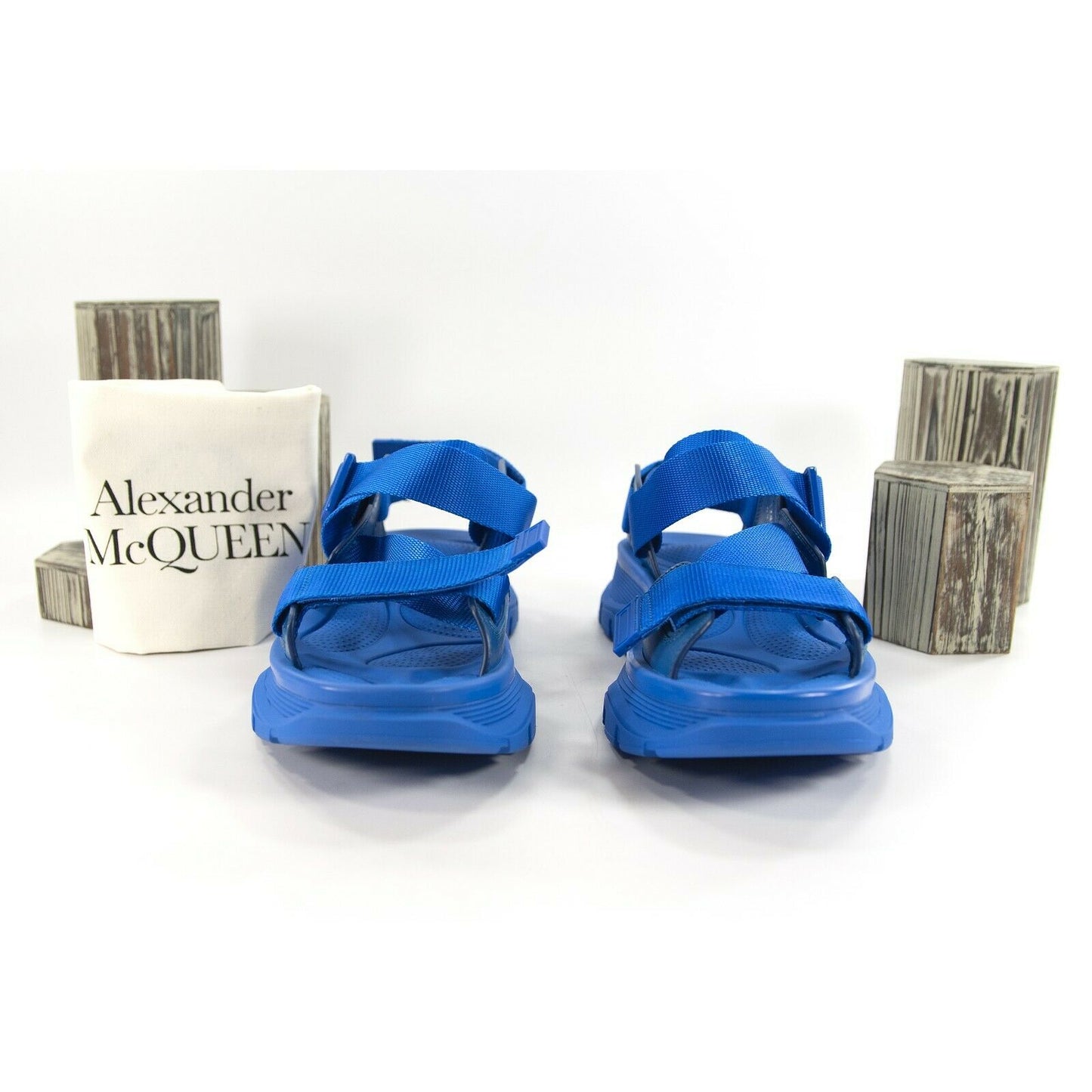 Alexander McQueen Blue Mens Hybrid Tech Leather Rubber Sandals 44 NIB