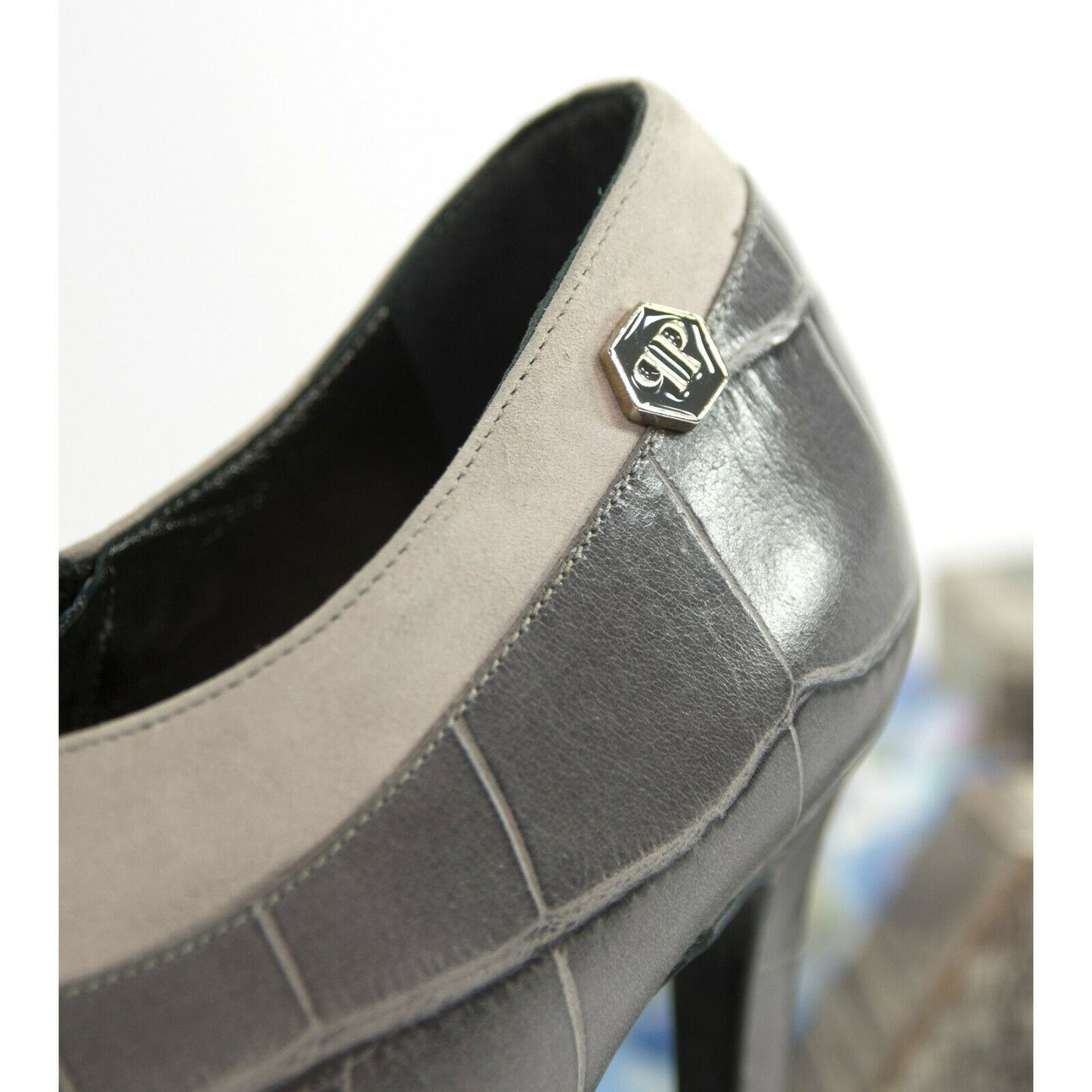 Philipp Plein Limited Edition Grey Reptilia Croc Leather Bootie Heels 39.5 NIB